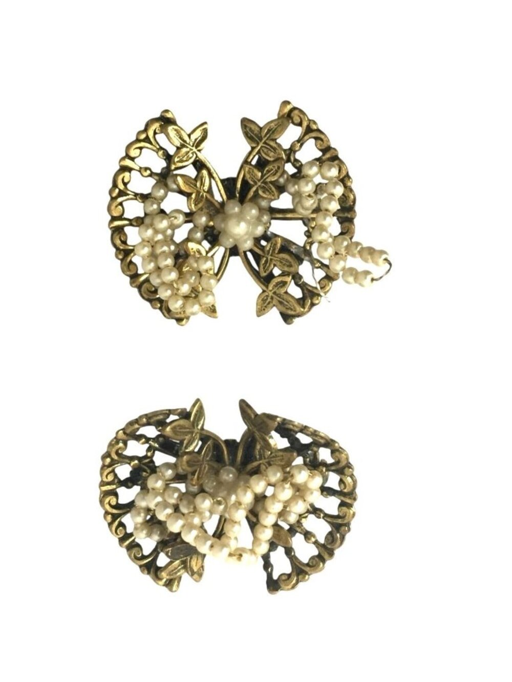 Vintage Mid-Century Matching Gold Tone Filigree Faux Pearl Twin Brooch Set